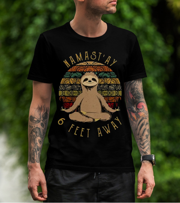 Namast’ay 6 Feet Away Sloth Meditation Retro Stripes T-Shirt