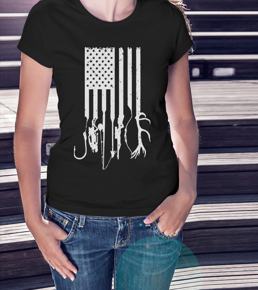 American Flag With Fishing Hooks And Hunting Gear T-Shirt