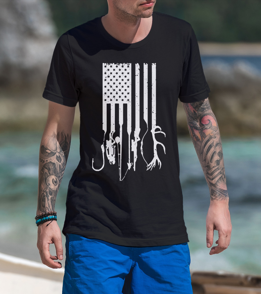 American Flag With Fishing Hooks And Hunting Gear T-Shirt