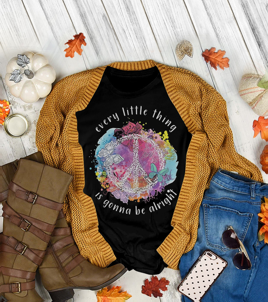 Every Little Thing Is Gonna Be Alright Peace Symbol with Colorful Butterflies and Floral Accents T-Shirt