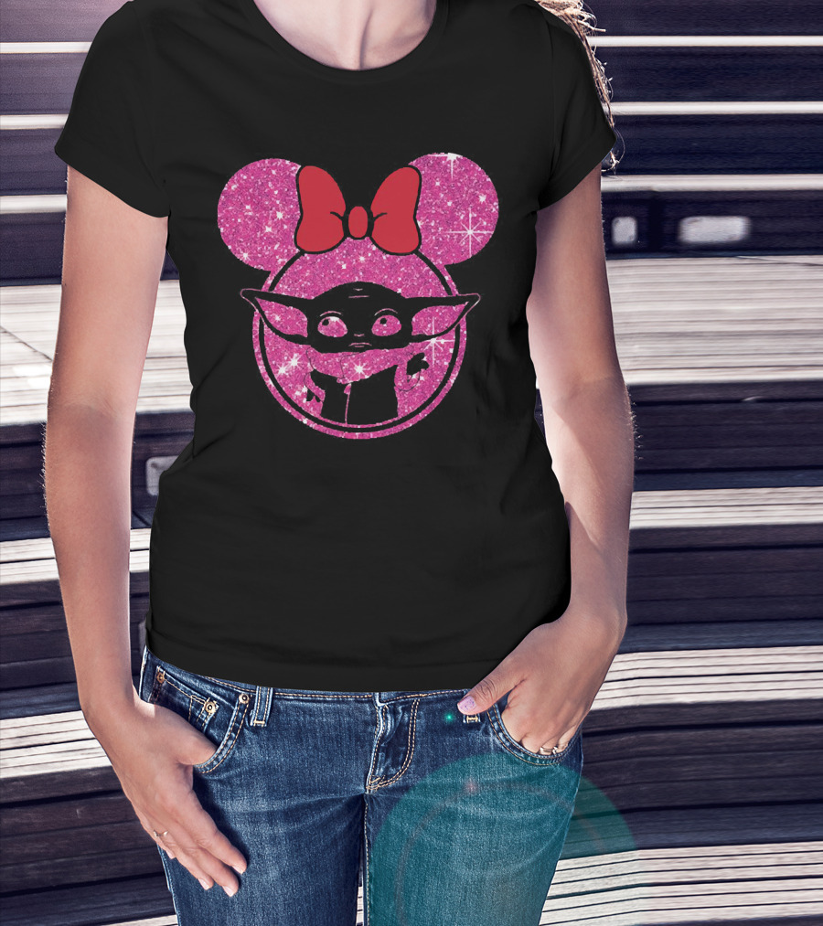 Baby Yoda Glitter Minnie Mouse Ears Red Bow T-Shirt
