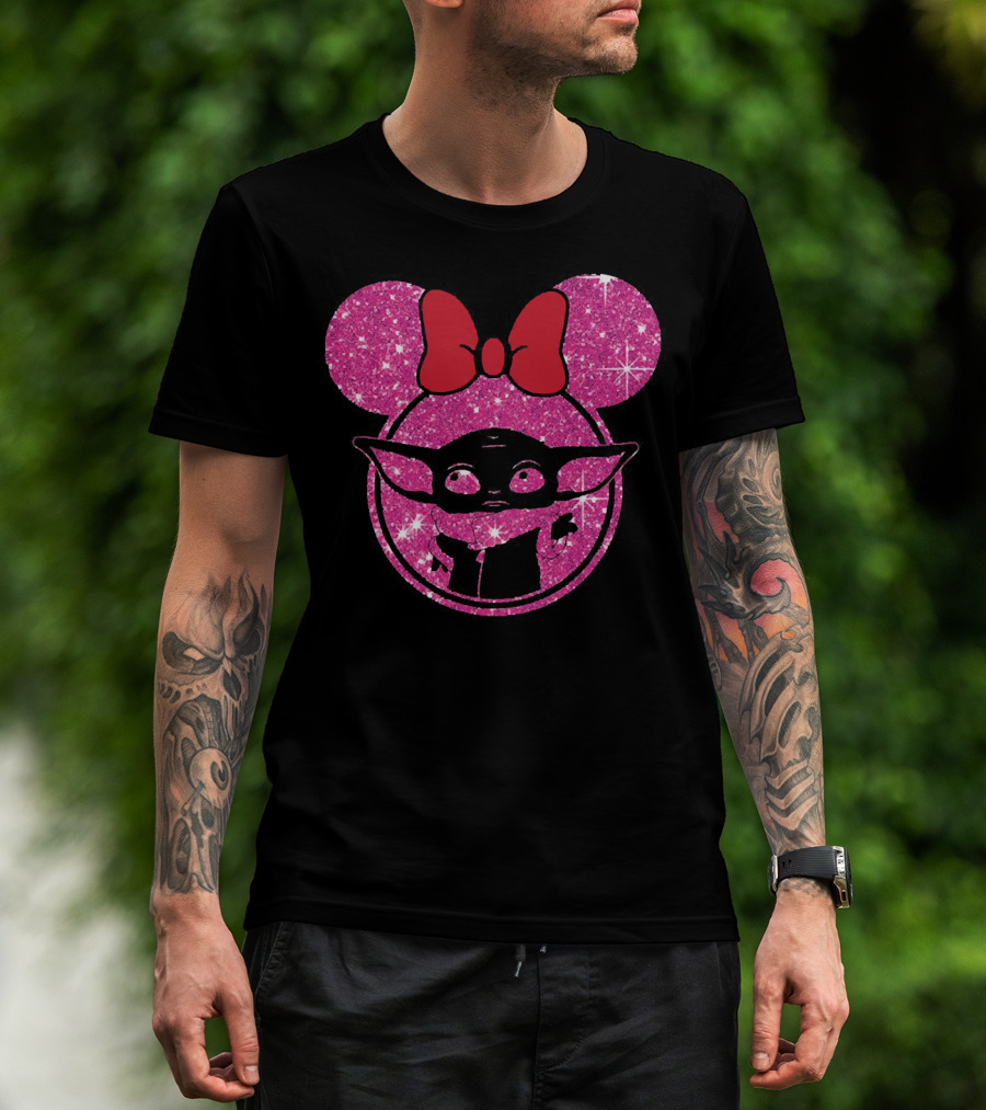 Baby Yoda Glitter Minnie Mouse Ears Red Bow T-Shirt