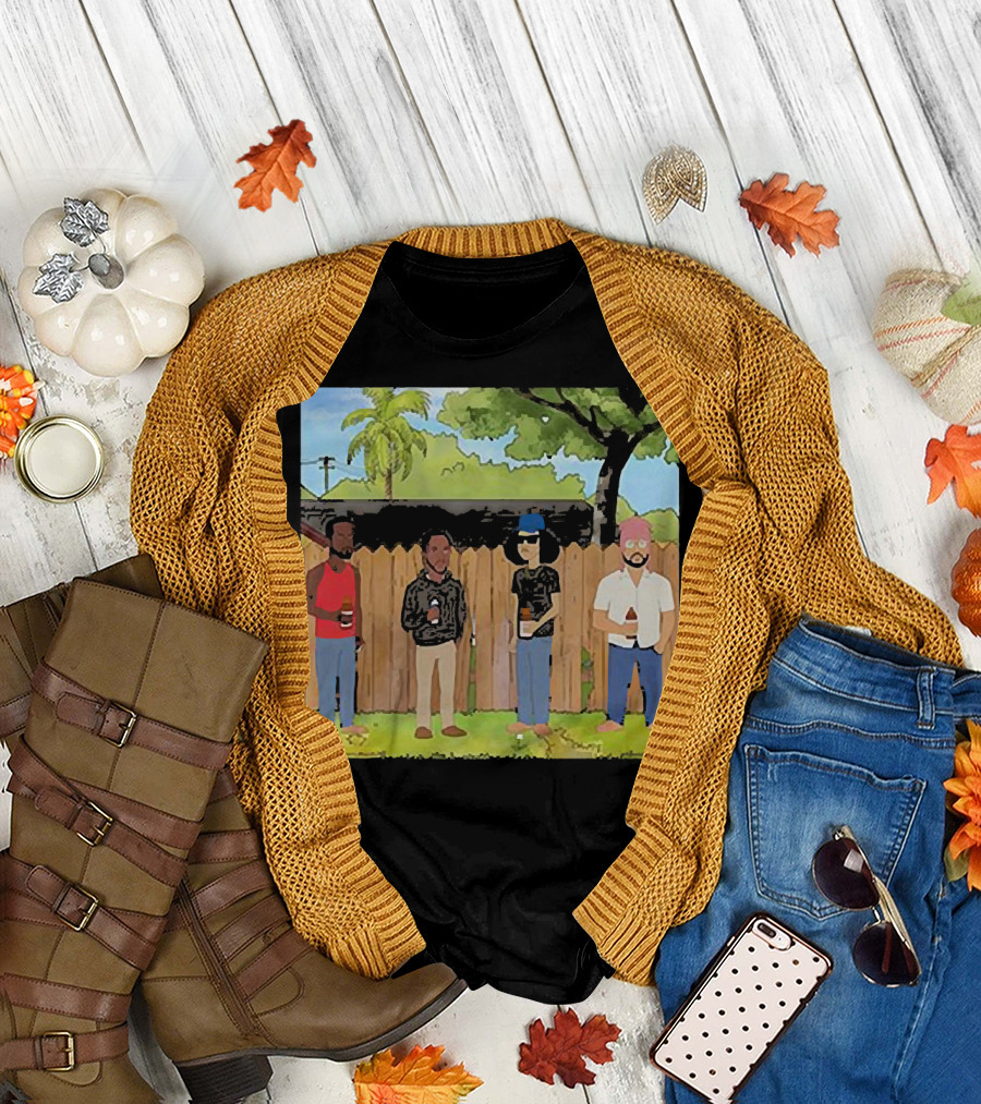 King of The Hill Treatment with Four Men by Fence with Beverages and Trees T-Shirt