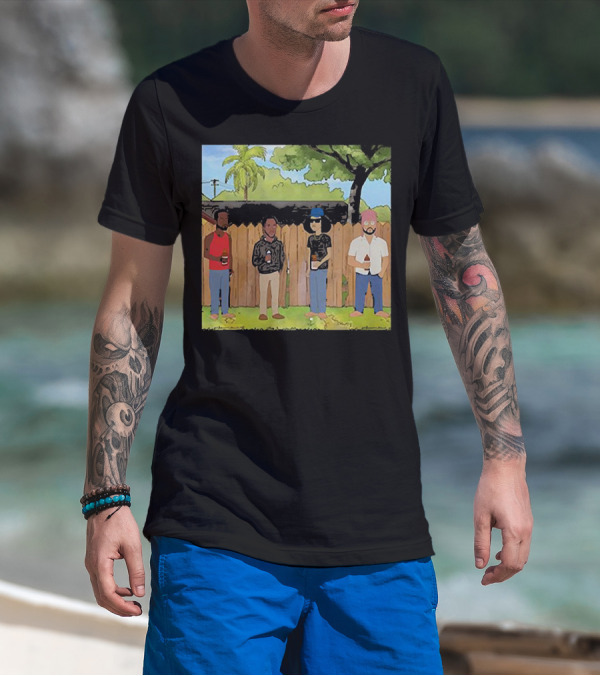 King Of The Hill Treatment With Four Men By Fence With Beverages And Trees T-Shirt