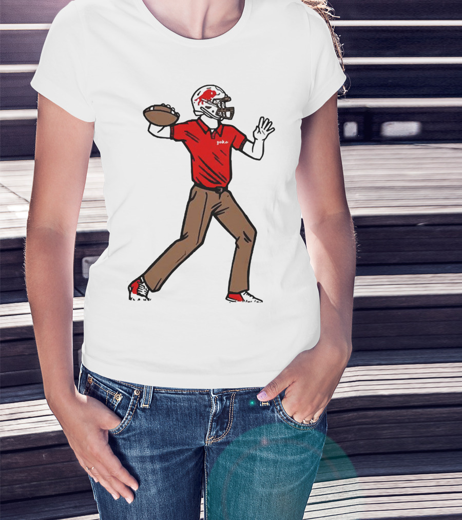 Jake From Buffalo Football Player Throwing Pass Brown Pants Red Shirt Helmet T-Shirt