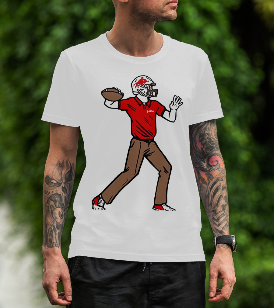 Jake From Buffalo Football Player Throwing Pass Brown Pants Red Shirt Helmet T-Shirt