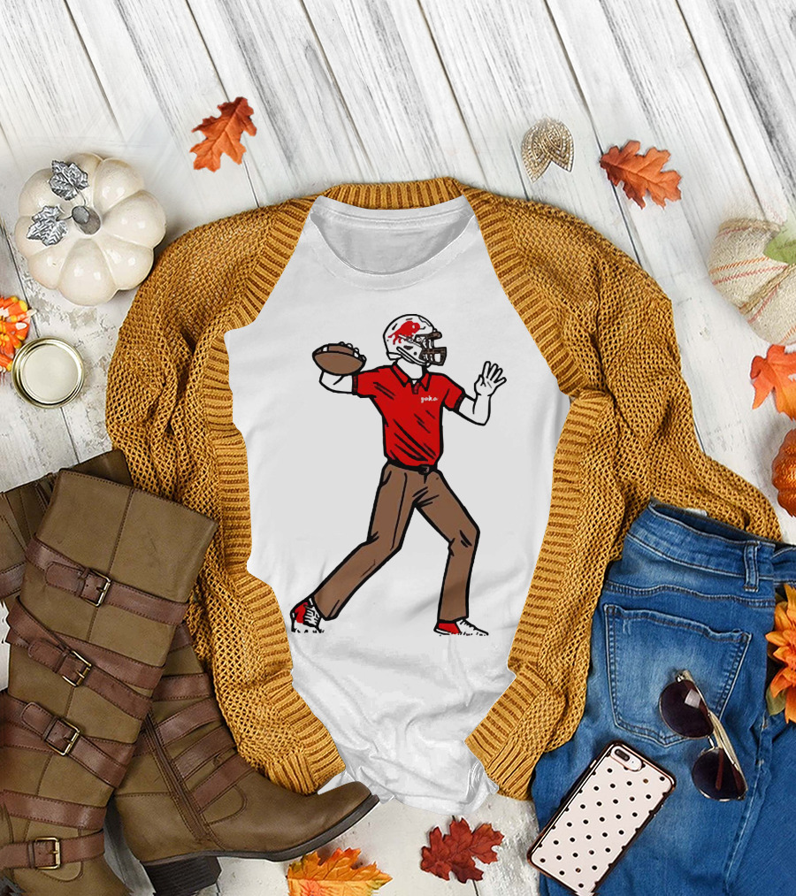 Jake From Buffalo Football Player Throwing Pass Brown Pants Red Shirt Helmet T-Shirt