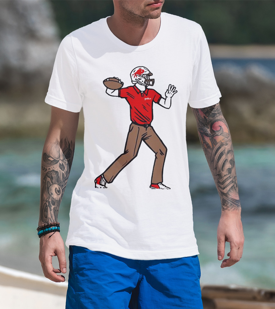 Jake From Buffalo Football Player Throwing Pass Brown Pants Red Shirt Helmet T-Shirt