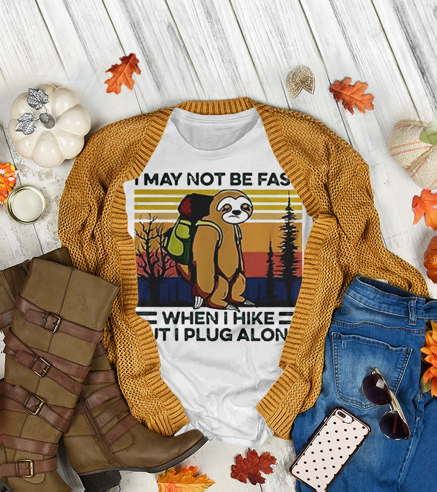 I May Not Be Fast When I Hike But I Plug Along Sloth Retro Forest Scene T-Shirt