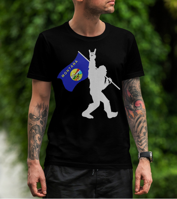 Bigfoot Holding Montana State Flag Middle Finger Gesture T-Shirt