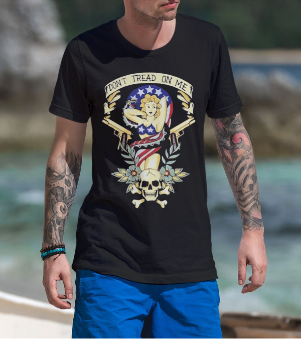 DONT TREAD ON ME Americana Pin-Up Skull Crossbones Dual Pistols Stars Stripes Wings Laurel T-Shirt