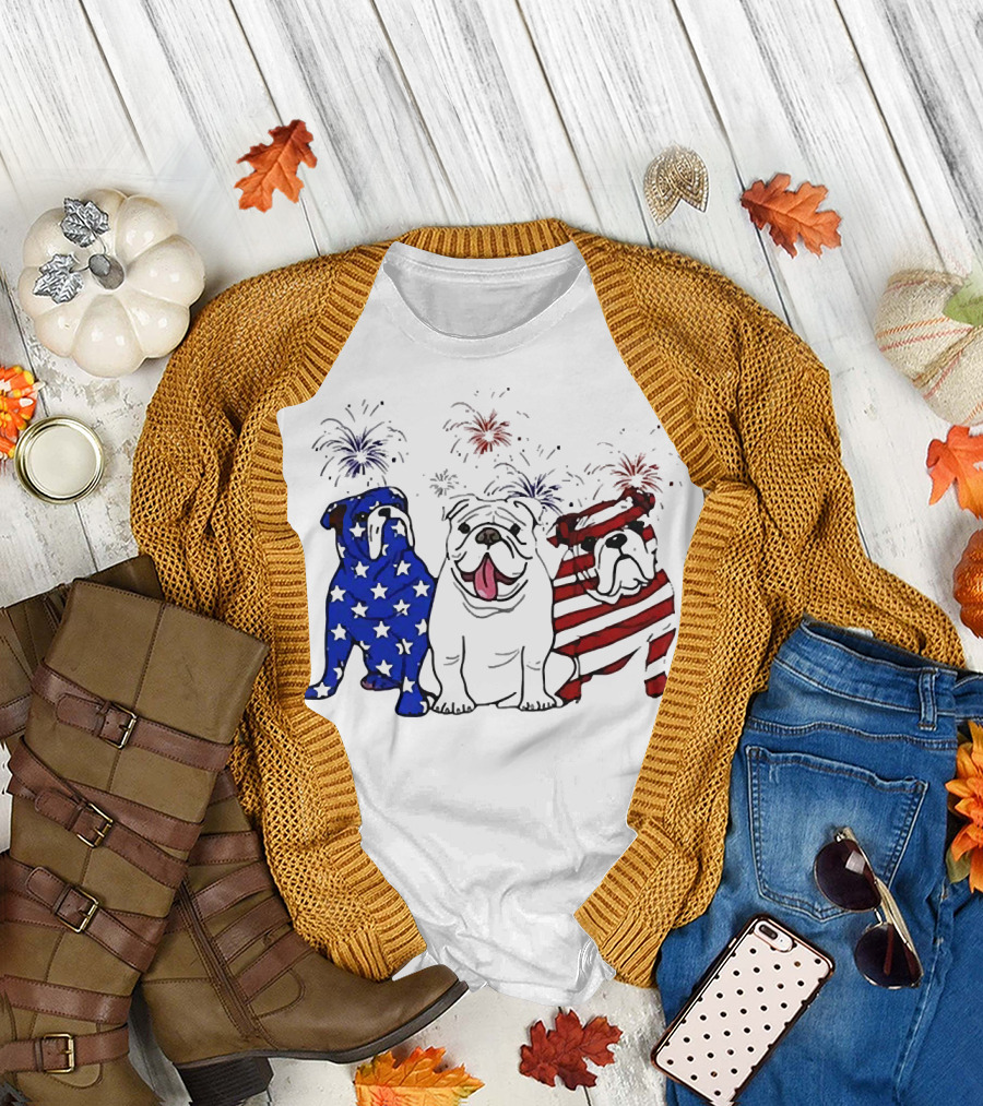 American Bulldog Stars and Stripes with Fireworks Merica T-Shirt
