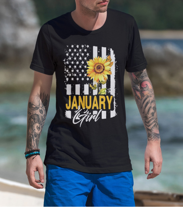 Sunflowers January Girl American Flag T-Shirt