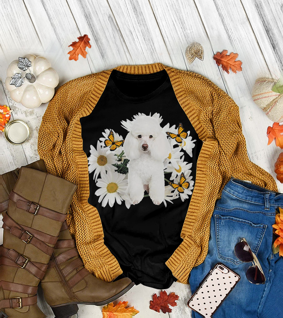 French Poodle Daisy with Butterflies and Flowers T-Shirt