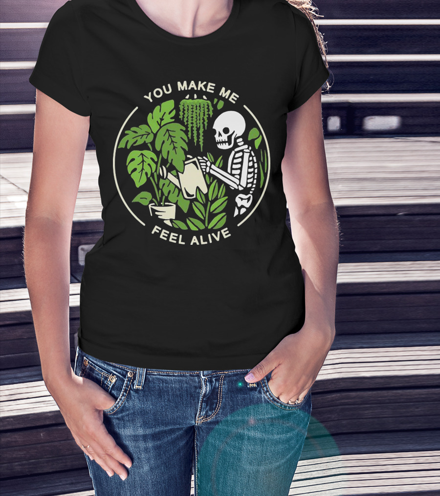 You Make Me Feel Alive Skeleton Watering Plants Botanical Circle T-Shirt
