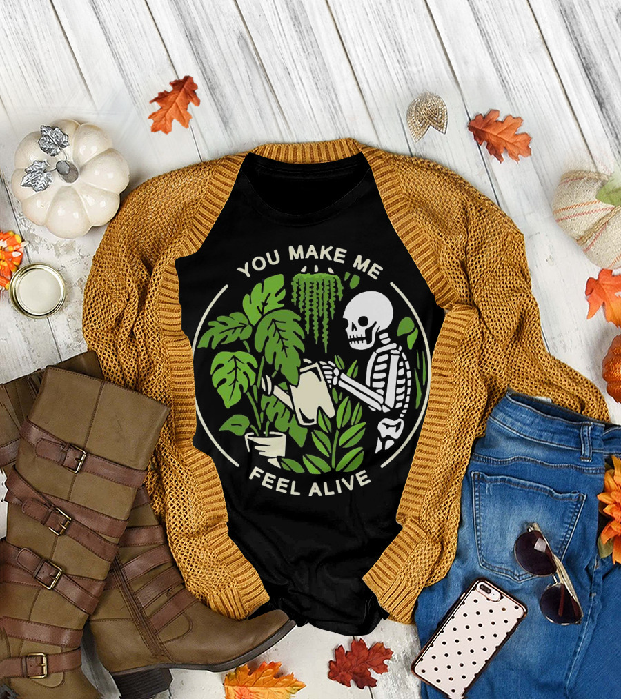 You Make Me Feel Alive Skeleton Watering Plants Botanical Circle T-Shirt