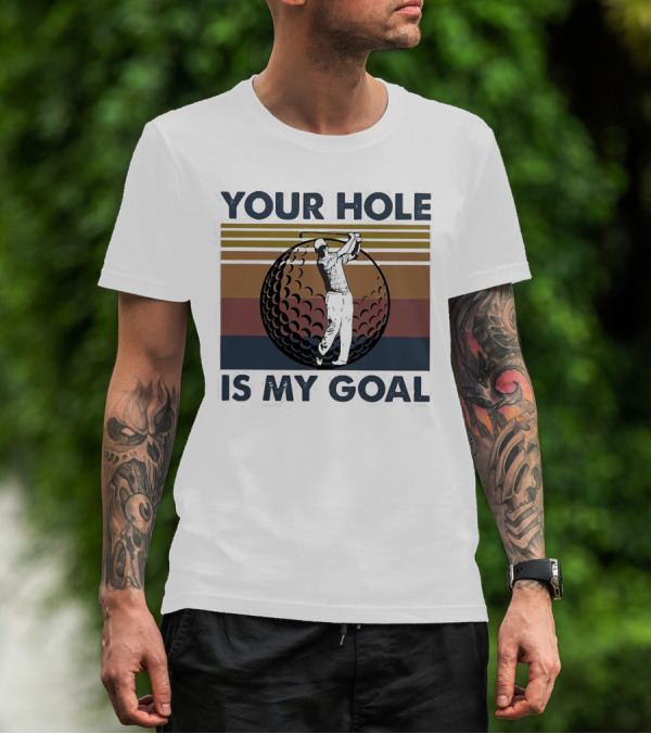 Your Hole Is My Goal Vintage Golfer Swing Golf Ball Retro Stripes T-Shirt