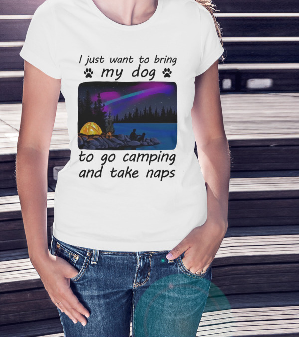 I Just Want To Bring My Dog To Go Camping And Take Naps With Aurora Borealis And Tent By Lake T-Shirt
