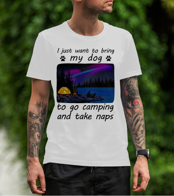 I Just Want To Bring My Dog To Go Camping And Take Naps With Aurora Borealis And Tent By Lake T-Shirt