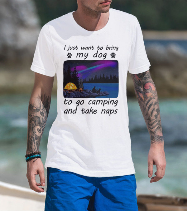 I Just Want To Bring My Dog To Go Camping And Take Naps With Aurora Borealis And Tent By Lake T-Shirt