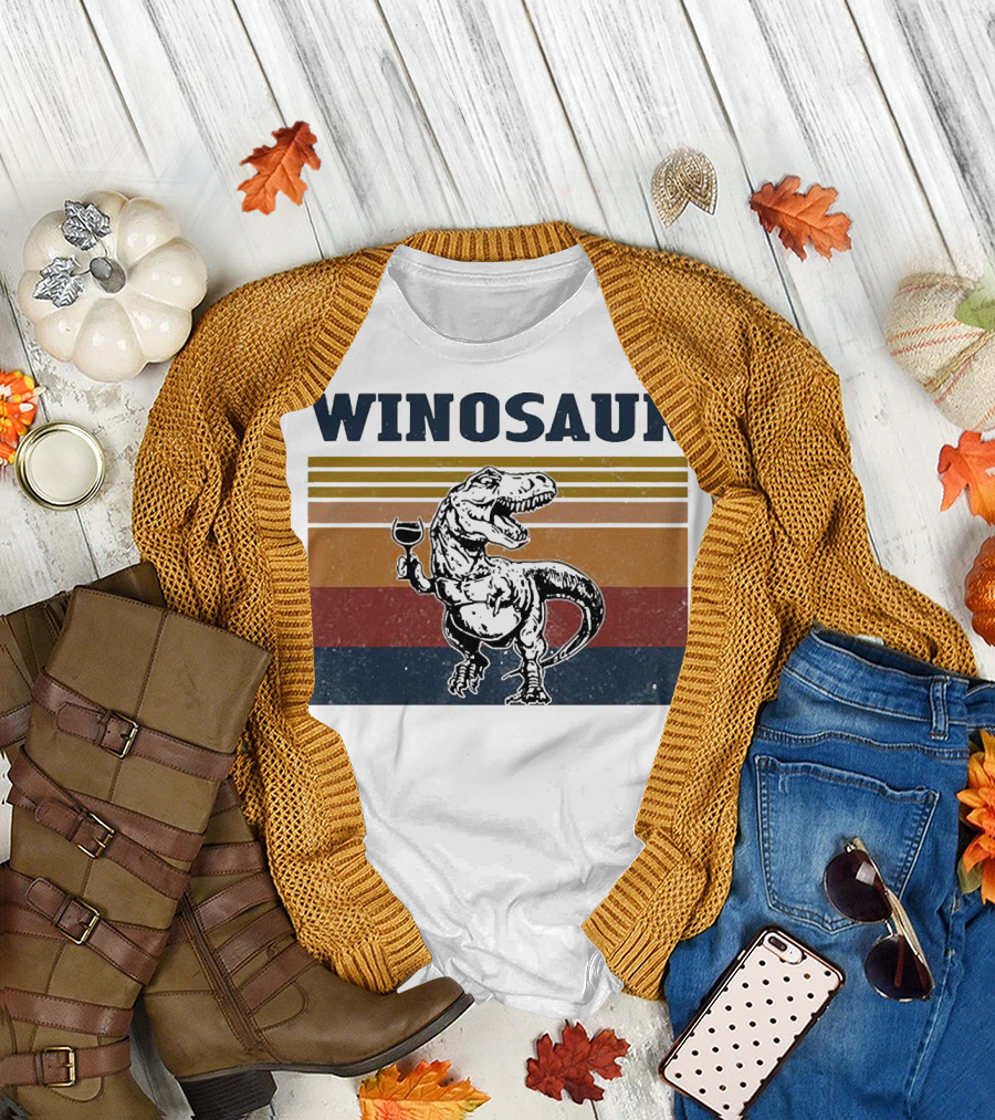 WINOSAUR T-Rex Drinking Wine Retro Stripes T-Shirt