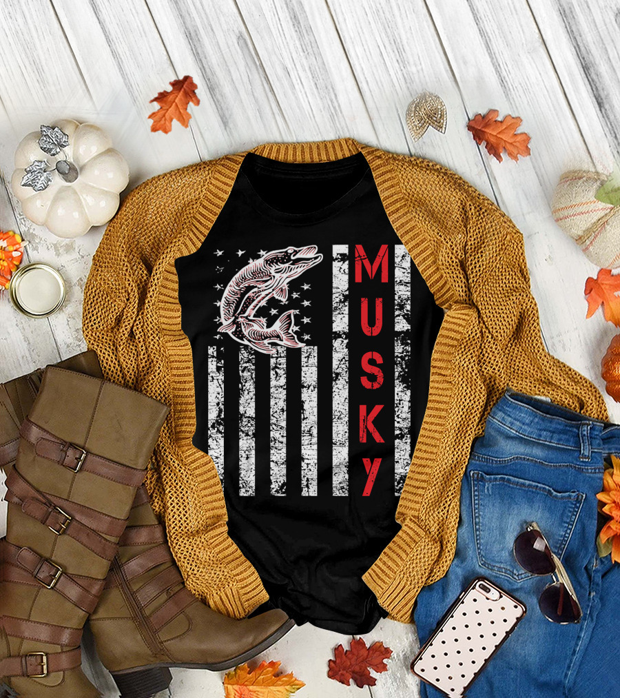 Musky Fishing Distressed Flag with Musky Catch and Stars T-Shirt