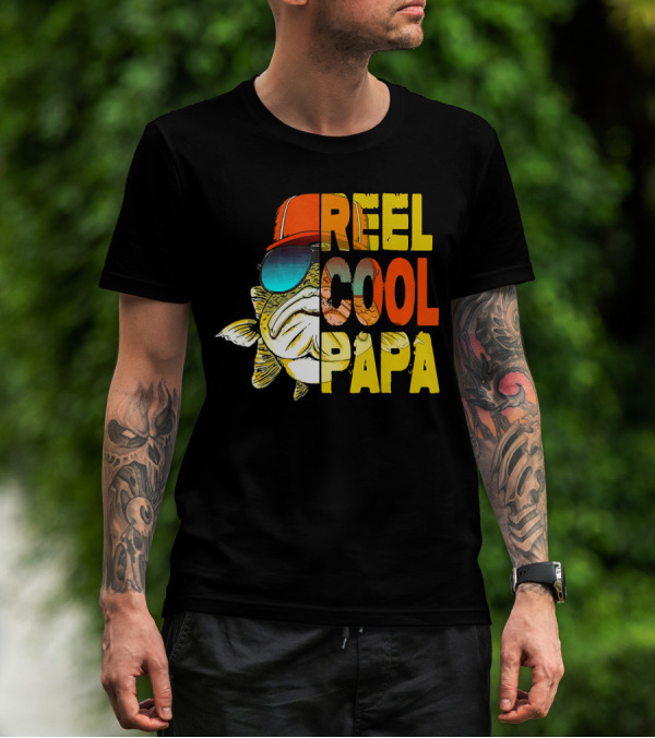 Fathers Day Fishing Reel Cool Papa Fish Wearing Hat Sunglasses T-Shirt