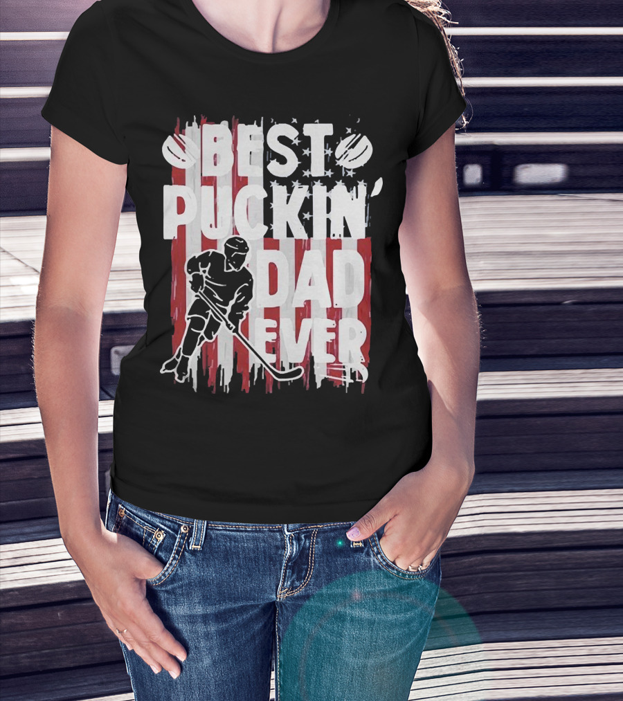 Best Puckin Dad Ever Hockey American Flag Player T-Shirt