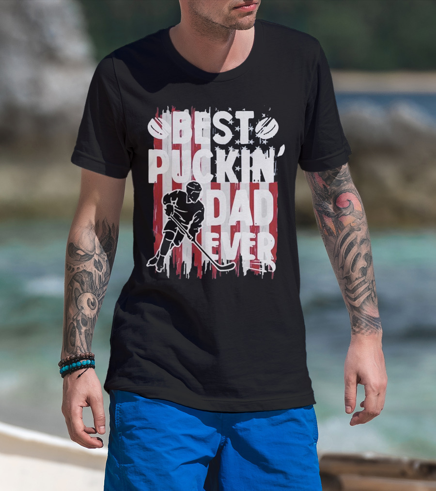 Best Puckin Dad Ever Hockey American Flag Player T-Shirt