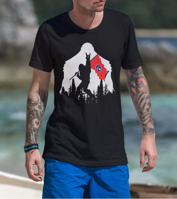 Bigfoot Silhouette With Rock And Roll Pose Holding Tennessee Flag In Forest T-Shirt