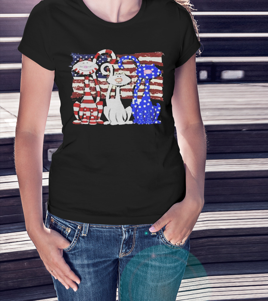Cats With American Flag Stripes Stars Independence Day Veteran U.S T-Shirt