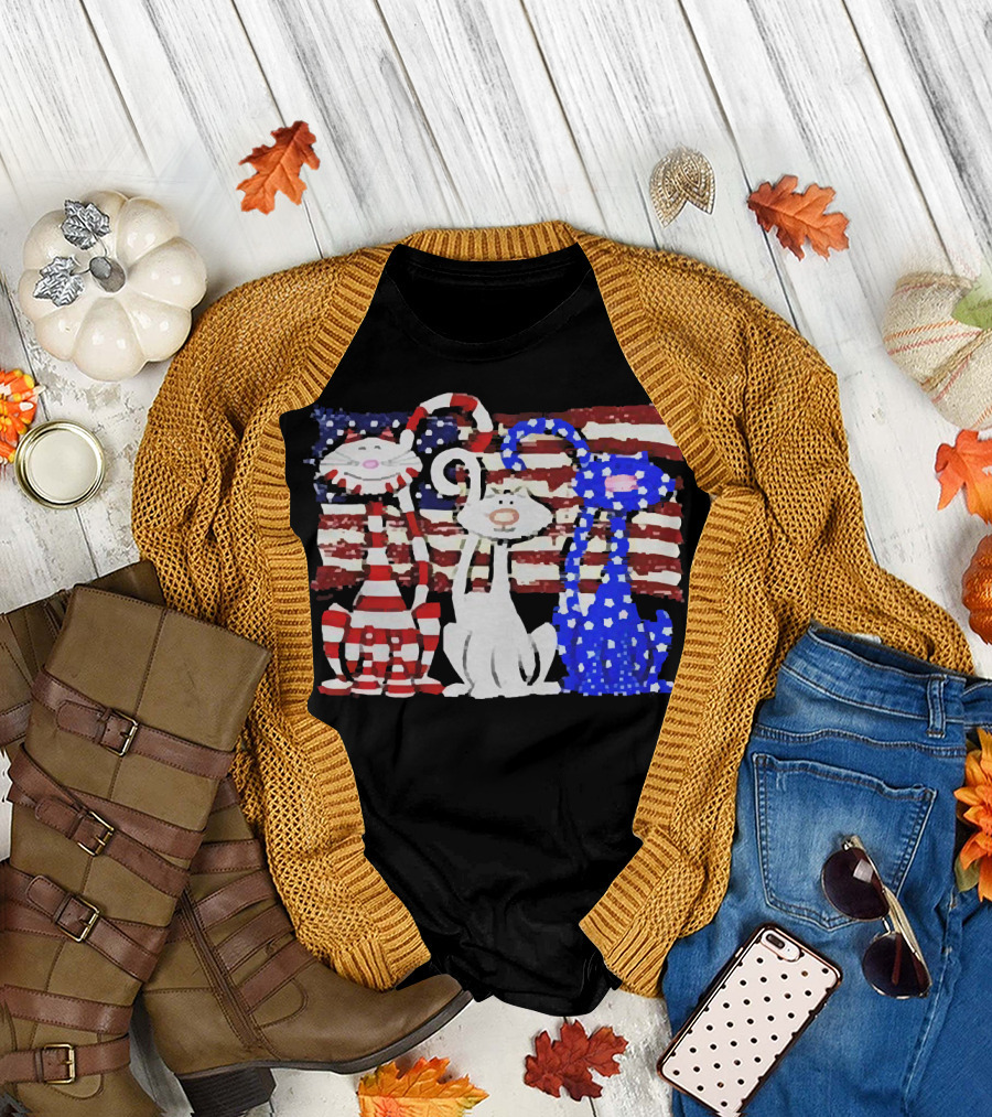 Cats with American Flag Stripes Stars Independence Day Veteran U.S T-Shirt