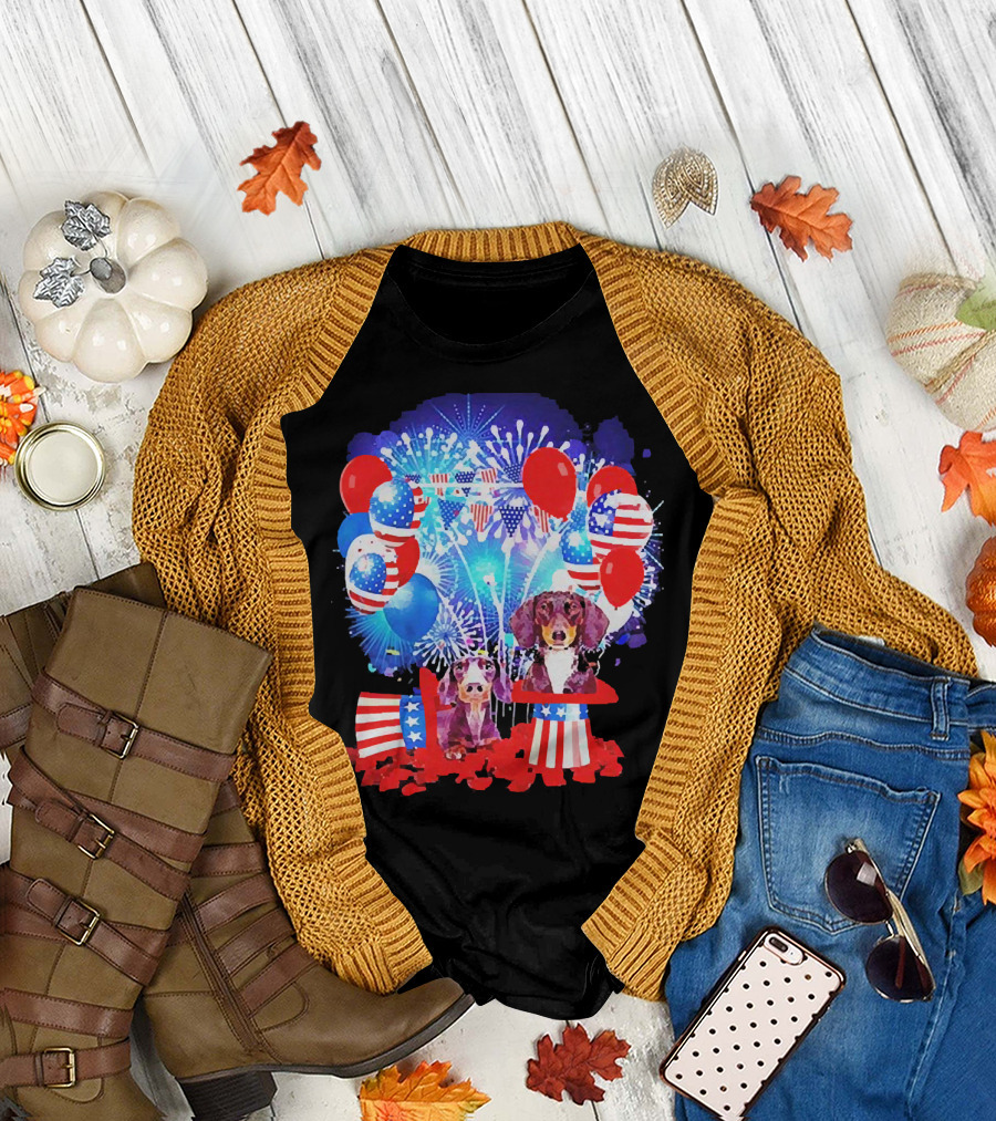 Dachshund American Flag Fireworks Balloons Independence Day T-Shirt
