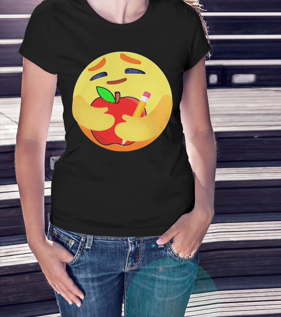 Teacher Care Emoji Hugging Apple And Pencil T-Shirt