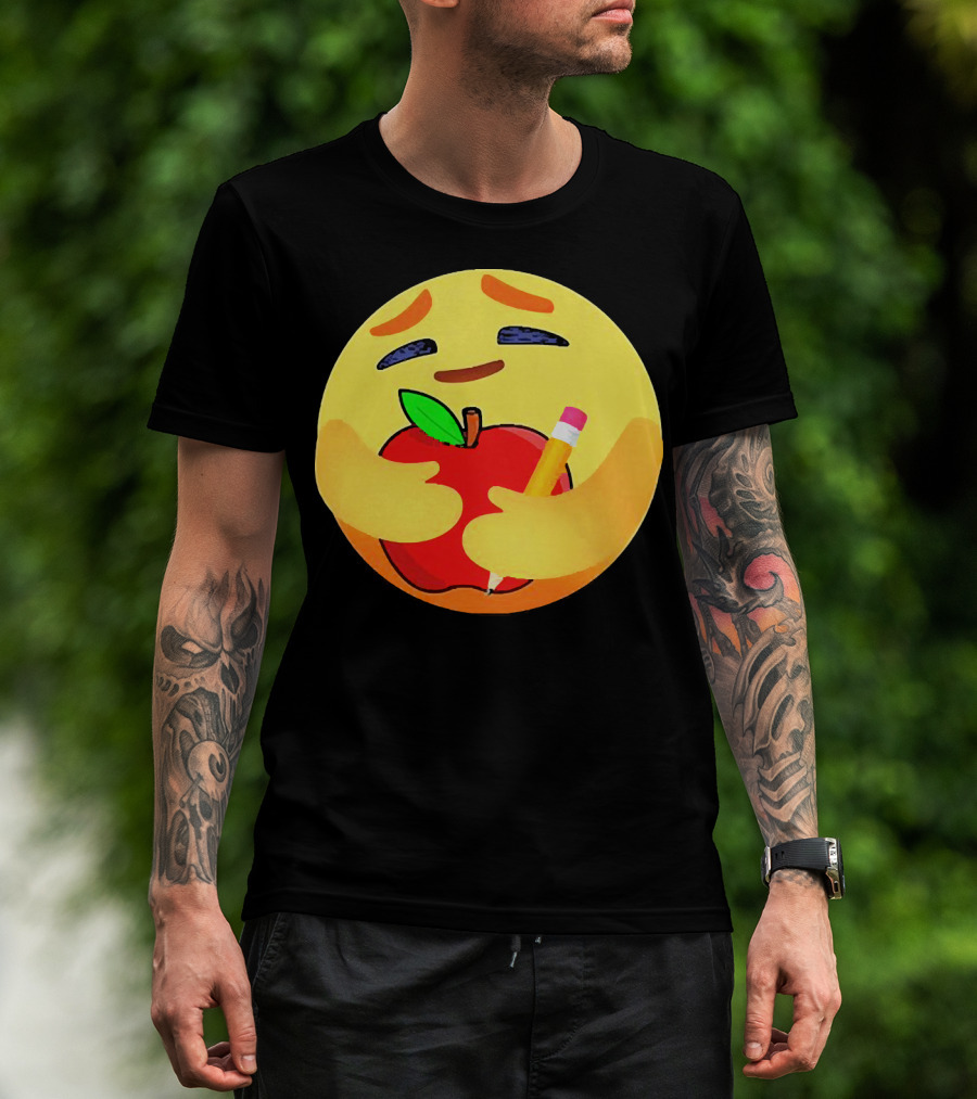 Teacher Care Emoji Hugging Apple And Pencil T-Shirt