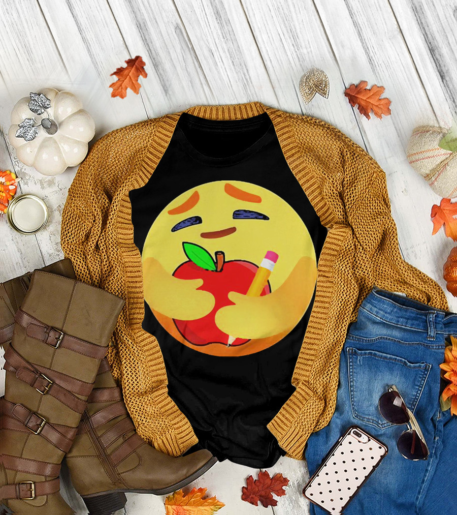 Teacher Care Emoji Hugging Apple and Pencil T-Shirt