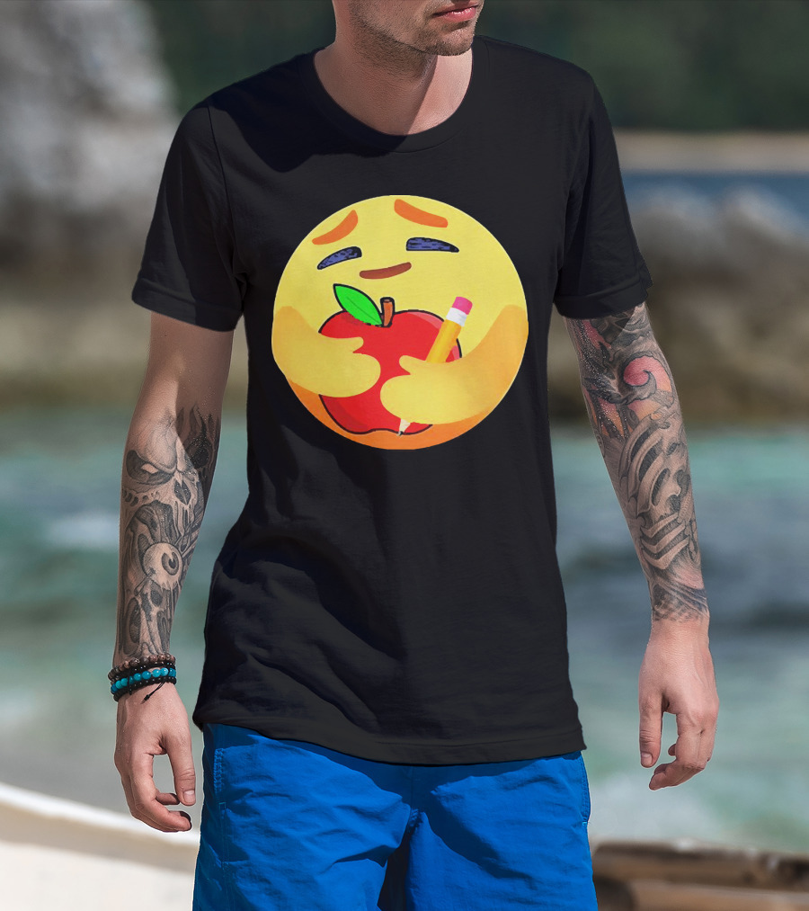 Teacher Care Emoji Hugging Apple And Pencil T-Shirt
