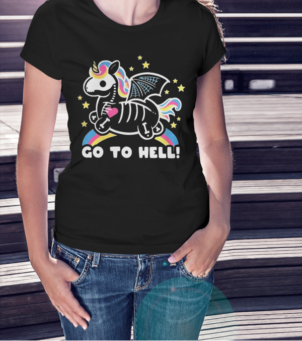 Unicorn Go To Hell Colorful Skeleton Bat Wings Rainbow Stars T-Shirt