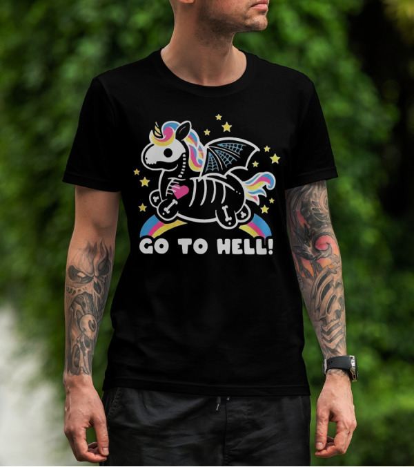 Unicorn Go To Hell Colorful Skeleton Bat Wings Rainbow Stars T-Shirt