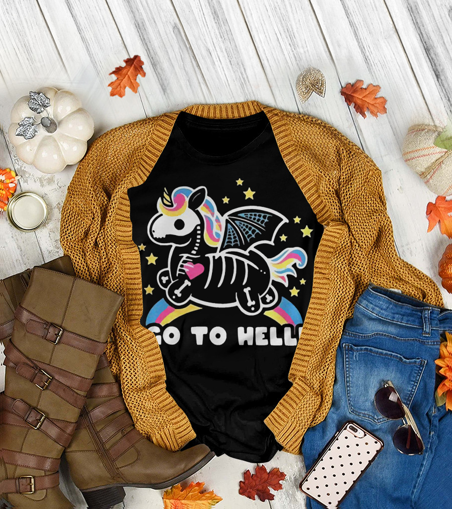 Unicorn Go To Hell Colorful Skeleton Bat Wings Rainbow Stars T-Shirt