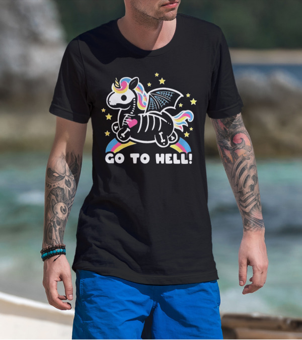 Unicorn Go To Hell Colorful Skeleton Bat Wings Rainbow Stars T-Shirt