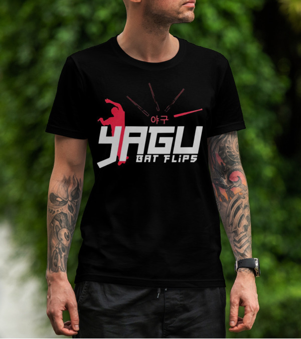 Yagu Bat Flips 야구 Red Silhouette With Bats T-Shirt