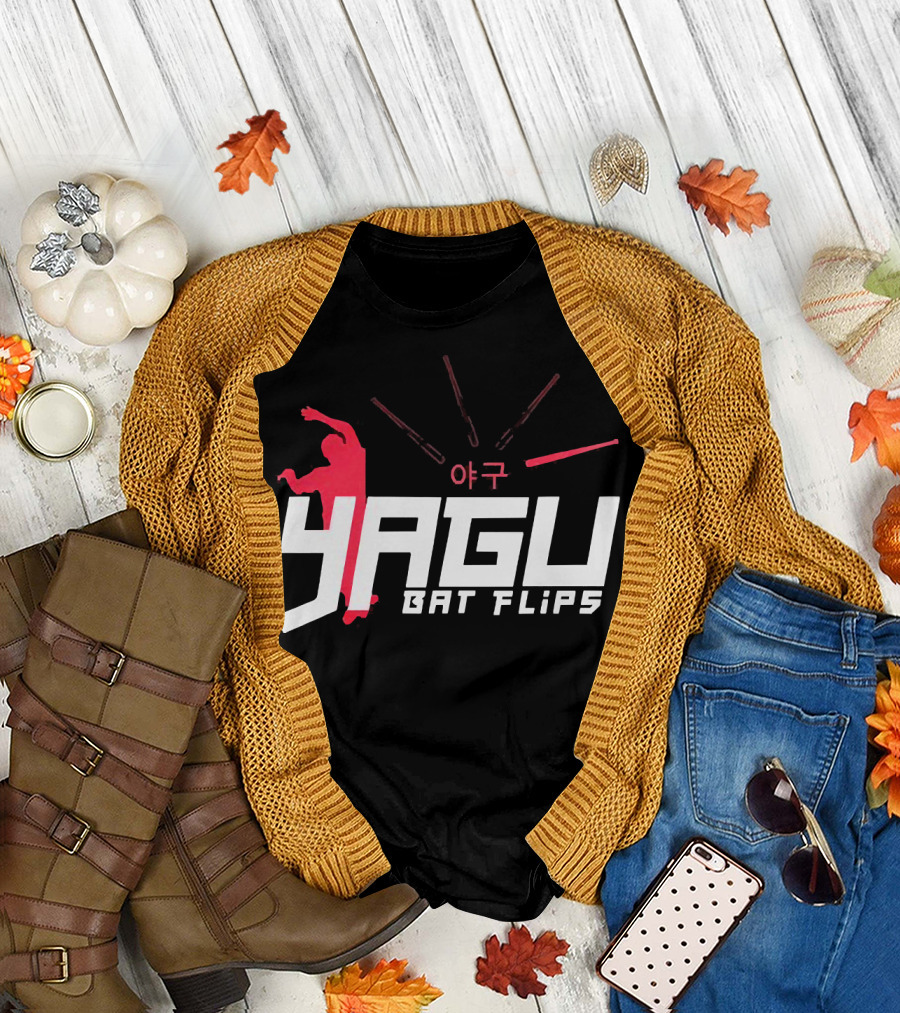 Yagu Bat Flips 야구 Red Silhouette with Bats T-Shirt