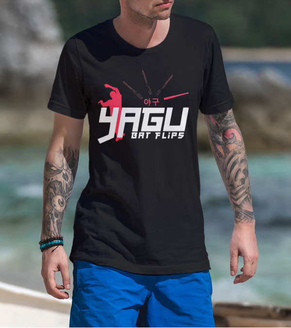 Yagu Bat Flips 야구 Red Silhouette With Bats T-Shirt
