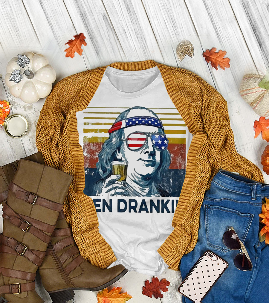 Ben Drankin Beer American Flag Sunglasses Patriotic Benjamin Franklin T-Shirt