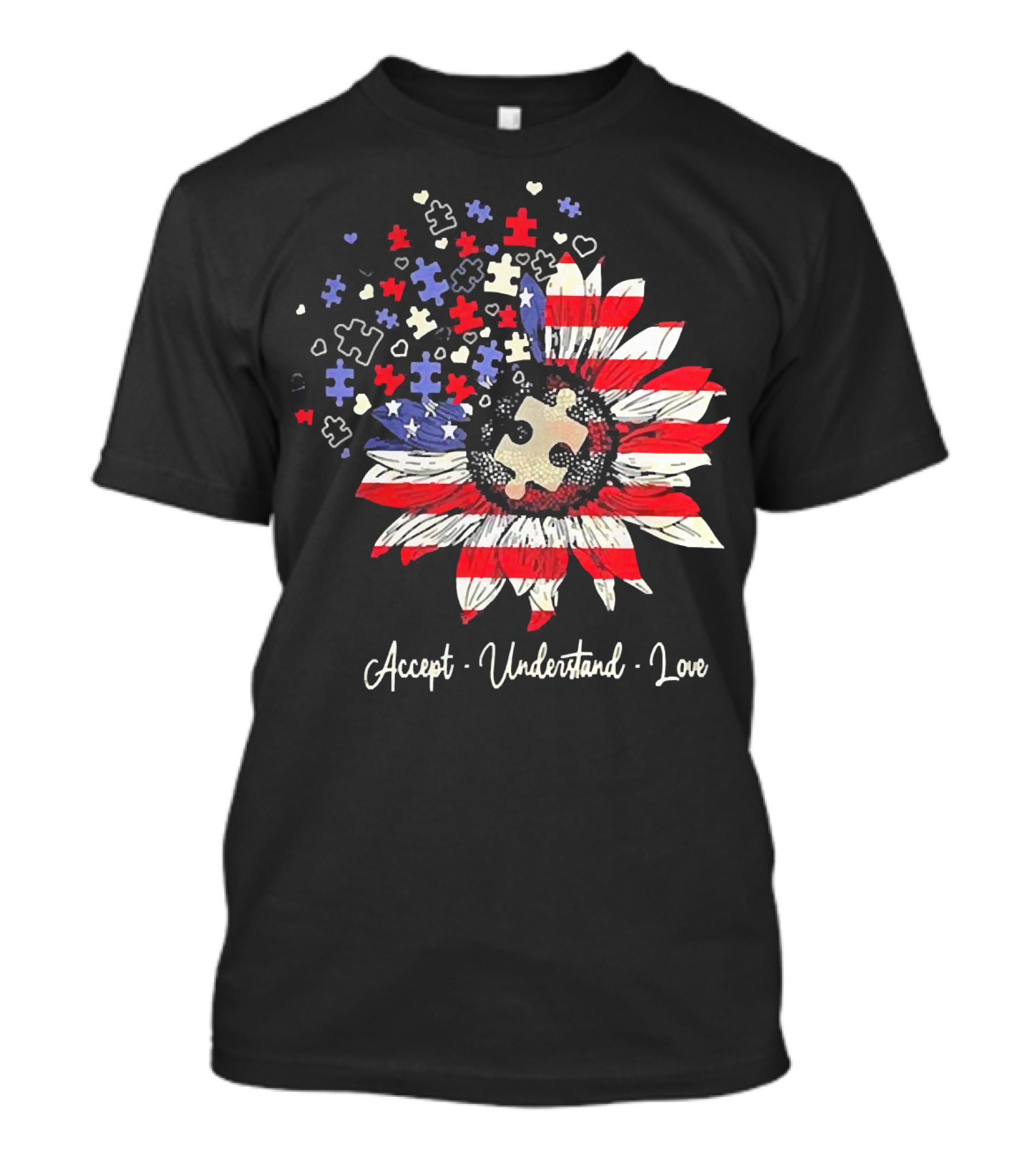 Accept Understand Love Autism Sunflower American Flag Puzzle Pieces T-Shirt
