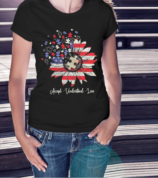 Accept Understand Love Autism Sunflower American Flag Puzzle Pieces T-Shirt