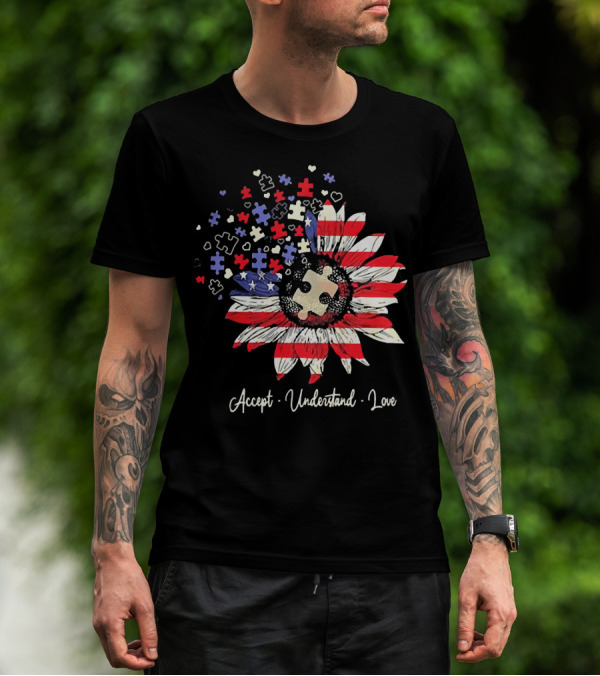 Accept Understand Love Autism Sunflower American Flag Puzzle Pieces T-Shirt