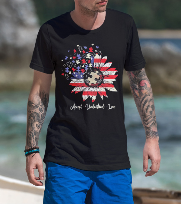 Accept Understand Love Autism Sunflower American Flag Puzzle Pieces T-Shirt