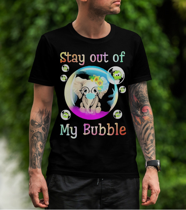 Stay Out Of My Bubble Elephant Cartoon With Face Mask And Virus Icons T-Shirt